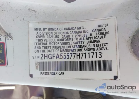 2007 Honda Civic Si from USA, damaged, VIN 2HGFA55577H711713